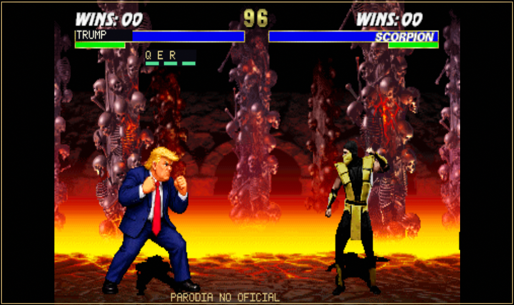 Our Trump fighter, wearing a blue suit, faces Scorpion in the modified UMK3 game.